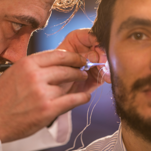 hearing aid instrument specialist looking into a patient's ear